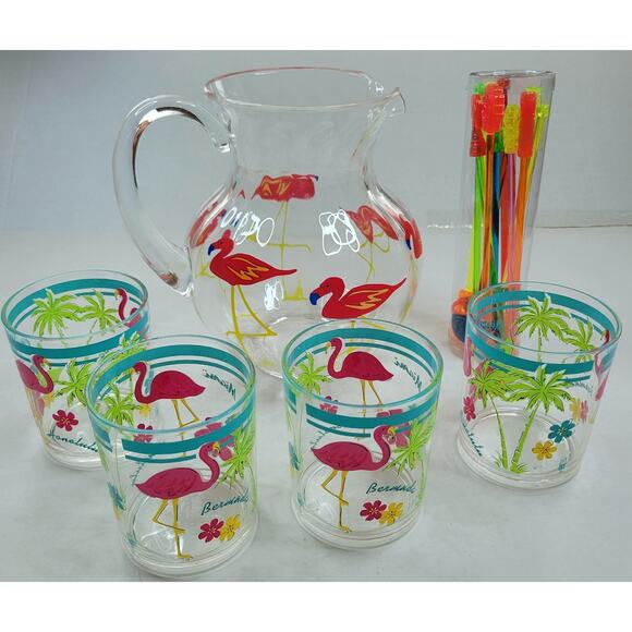 Fun Acrylic Pink Flamingo Pitcher with 4 Cups and 12 Cocktail Stir Sticks Set - Picture 1 of 6
